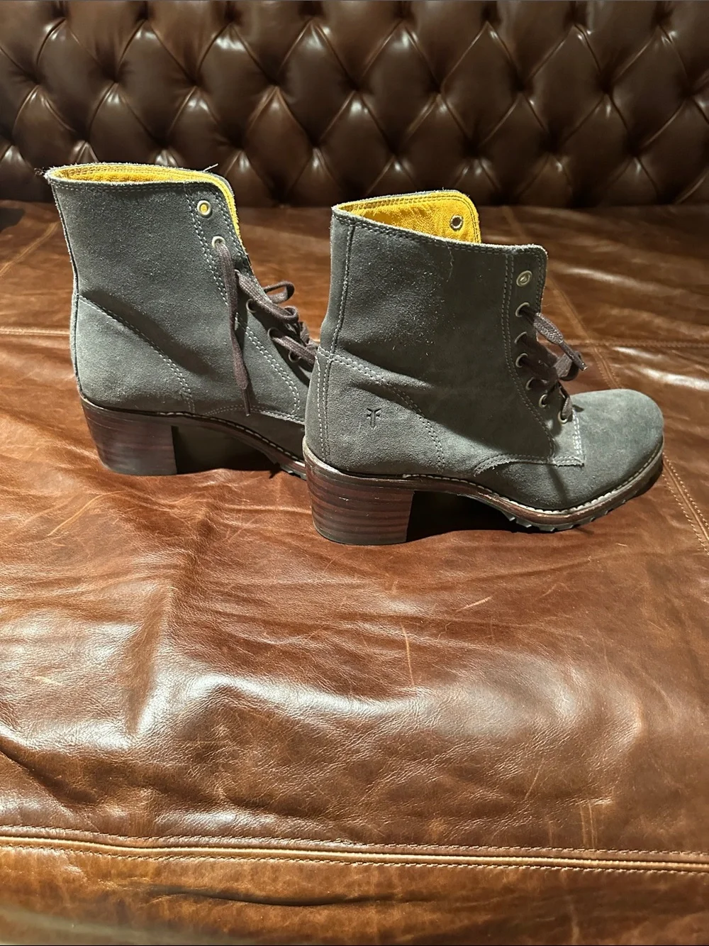 Frye Blue Gray Suede Lace-Up Ankle Boots with Yellow Interior.